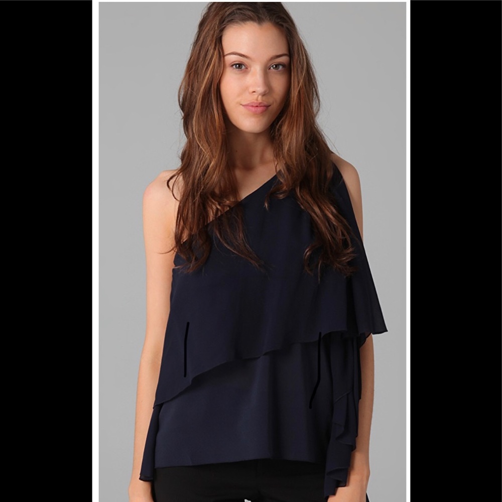Alice and Olivia draped one shoulder top.